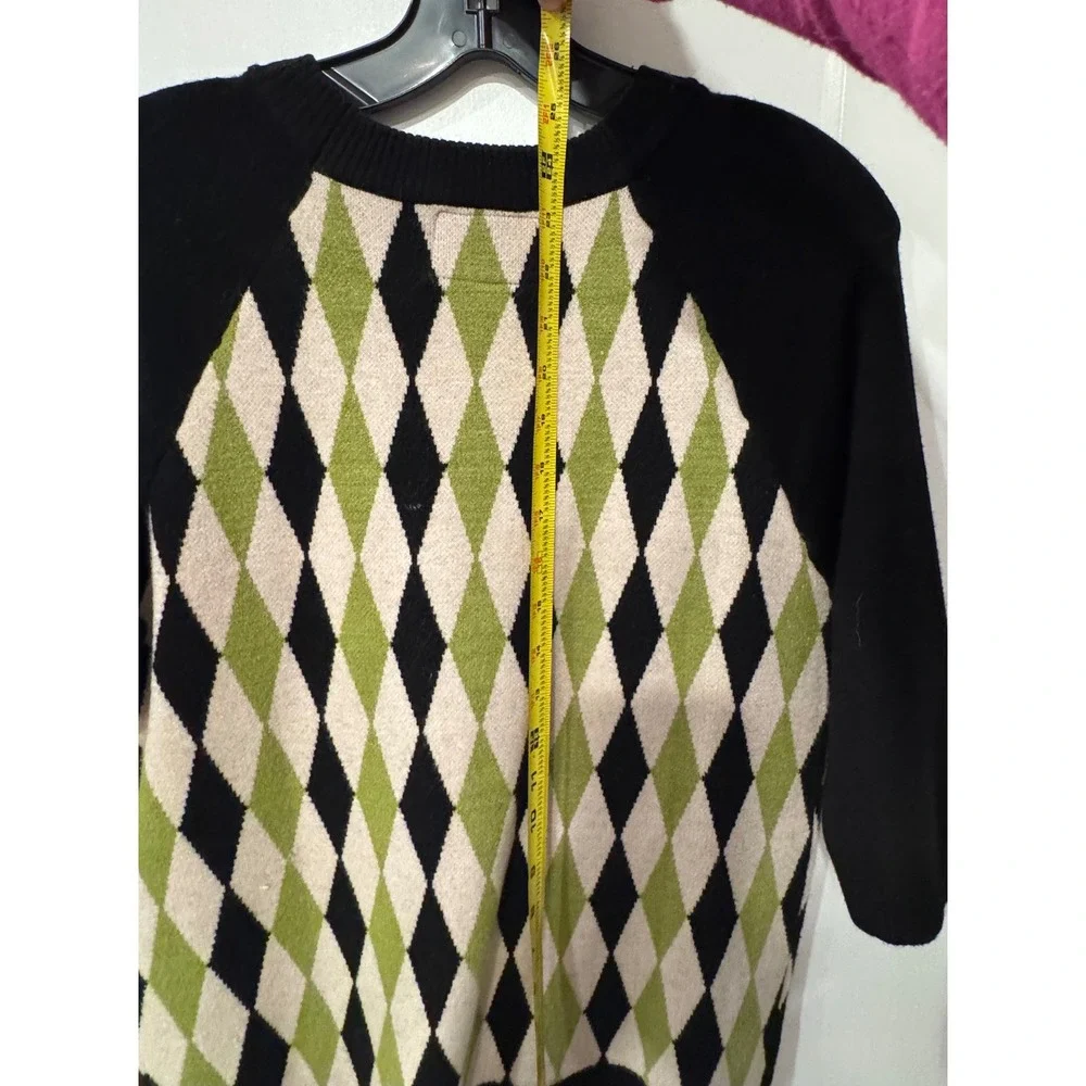 The Oblong Box Shop Black Cat Argyle Sweater XL Green Black Retro Rockabilly